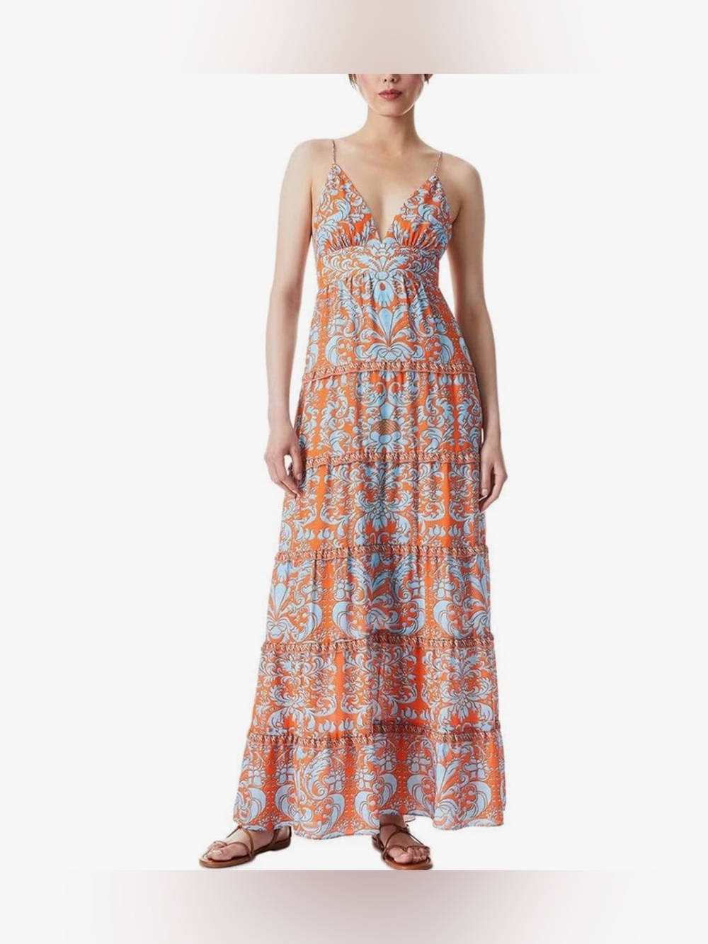 Alice + Olivia Orange and Light Blue Printed Maxi Dress with Spaghetti Straps